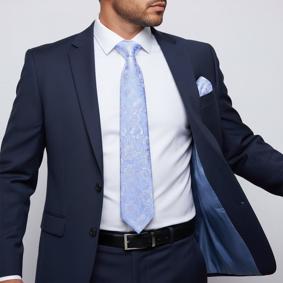 Mens Blue Floral Silk Classic Tie and Pocket Square