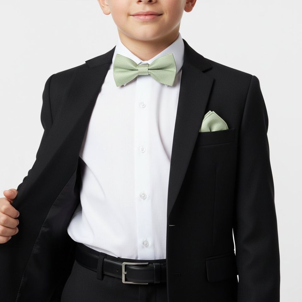 Boys Pre Tied Light Sage Green Silk Bow Tie and Pocket Square Set Age 8-11