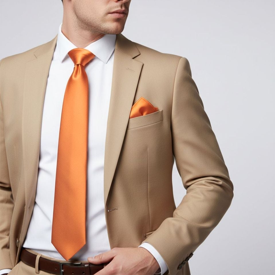 Plain Burnt Orange Satin Classic Men's Tie and Pocket Square Set