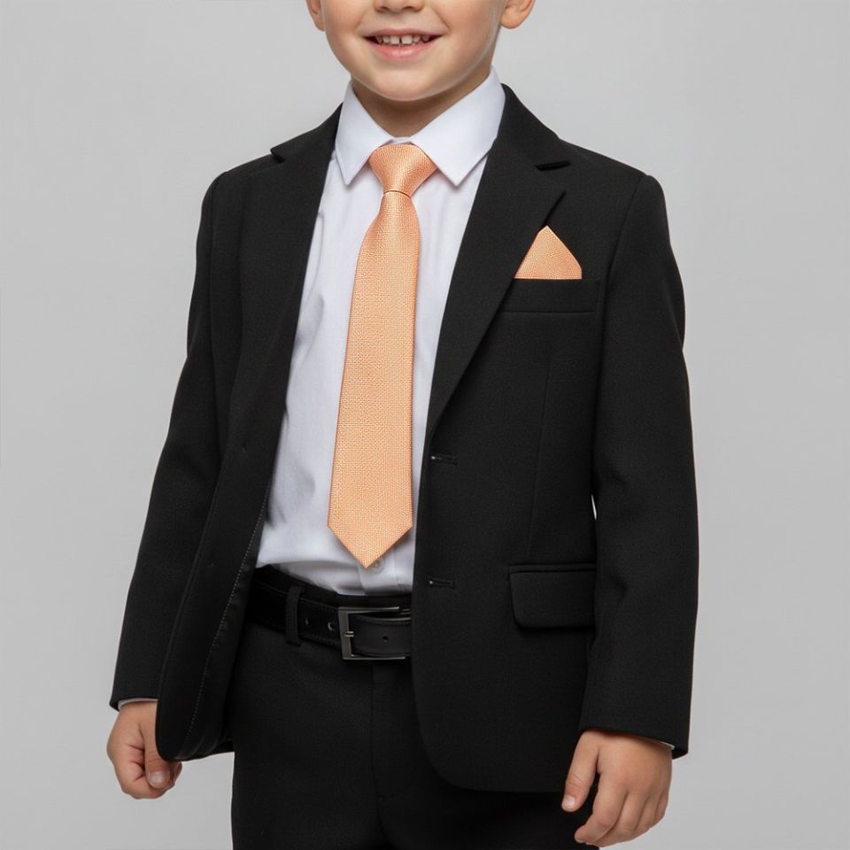 Pre Tied Peach Textured Silk Boys Tie and Pocket Square Set Age 4-7