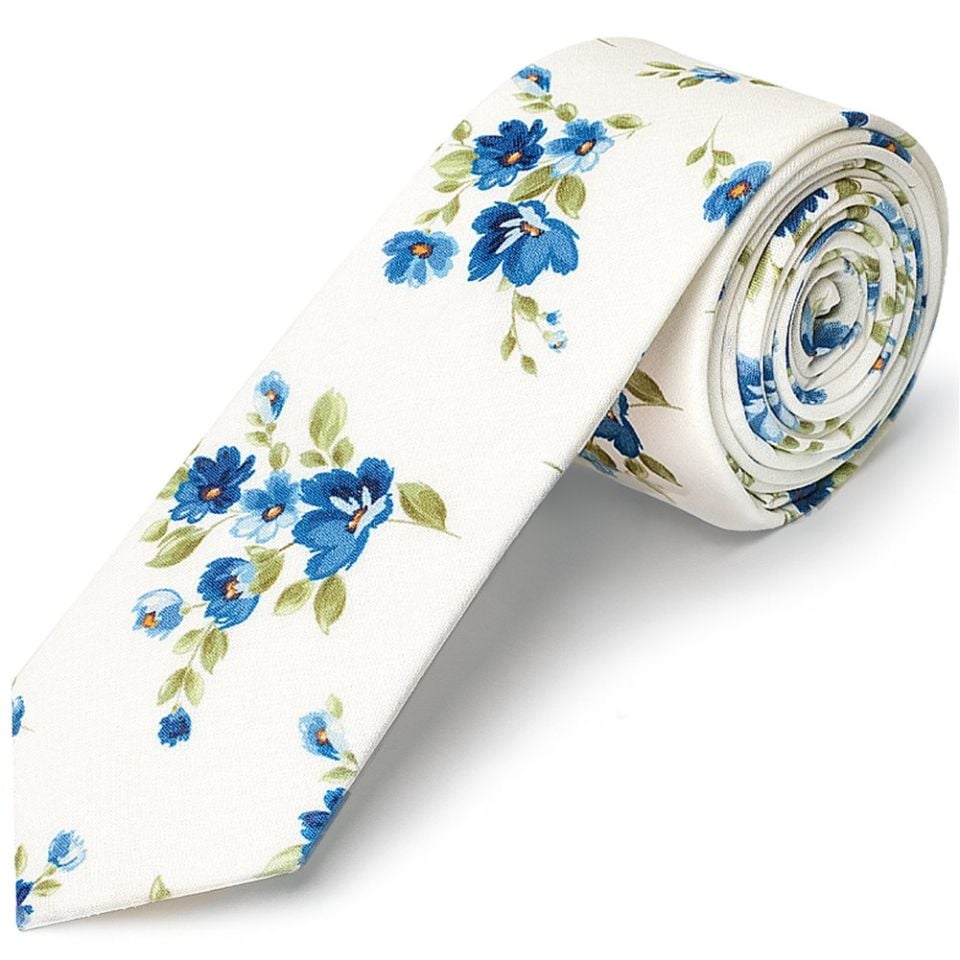 Men's White Cotton Skinny Tie with Blue Flower Pattern