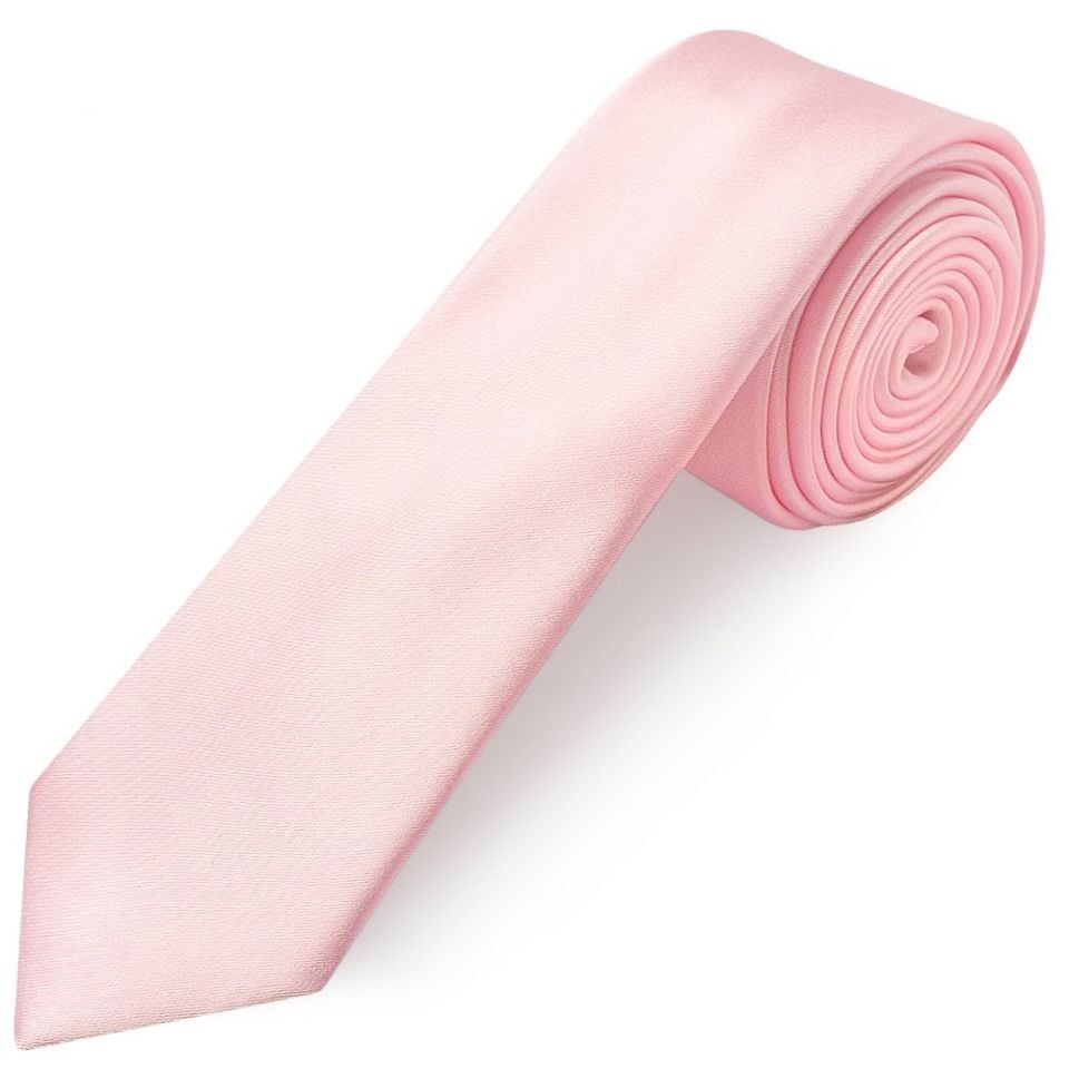 Baby Pink Satin Skinny Men's Tie and Pocket Square Set