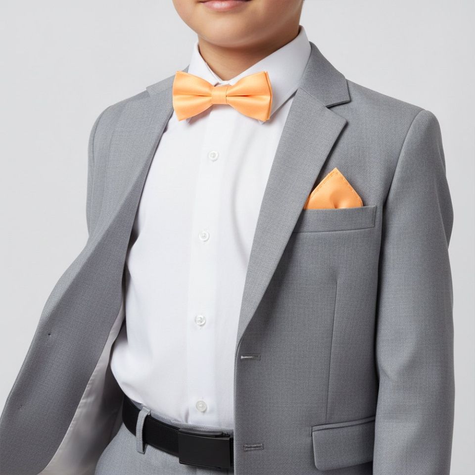 Pre Tied Peach Satin Boys Bow Tie and Pocket Square Set