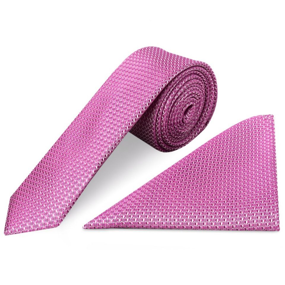 Hot Pink Textured Skinny Tie and Pocket Square Set