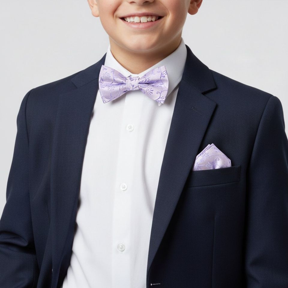 Pre Tied Lavender Floral Boys Bow Tie and Pocket Square Set