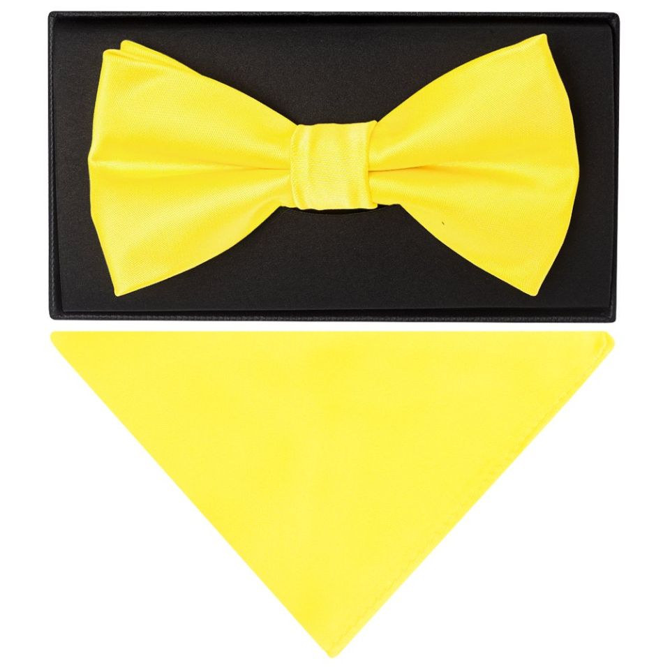Plain Sunshine Yellow Handmade Mens Bow Tie and Pocket Square Set