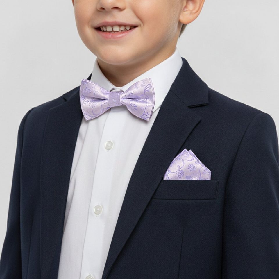 Pre Tied Lavender Floral Boys Bow Tie and Pocket Square Set Age 4-7