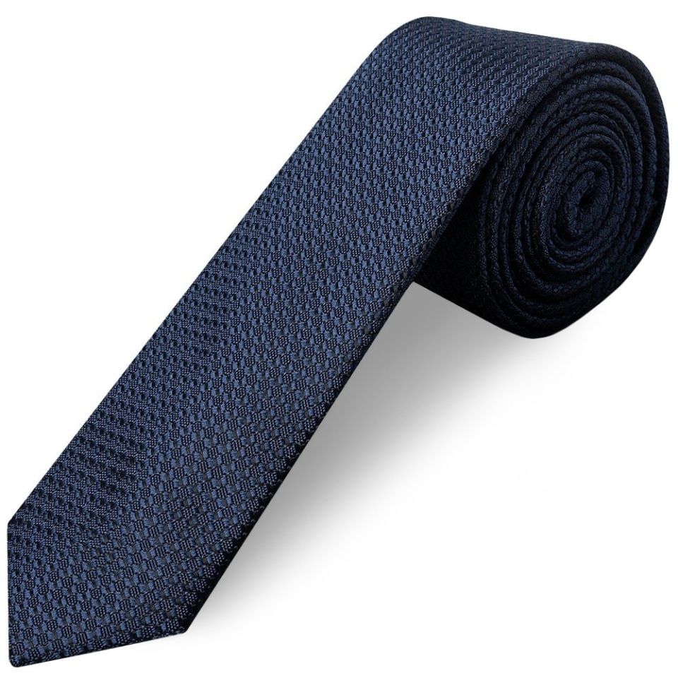 French Navy Textured Skinny Tie and Pocket Square Set