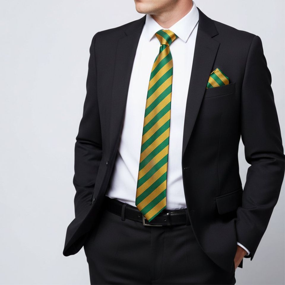 Green and Gold Striped Classic Men's Tie and Pocket Square Set