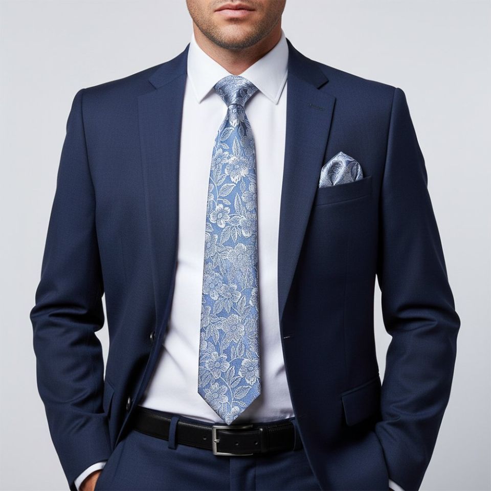 Mens Dusty Blue Floral Silk Classic Tie and Pocket Square