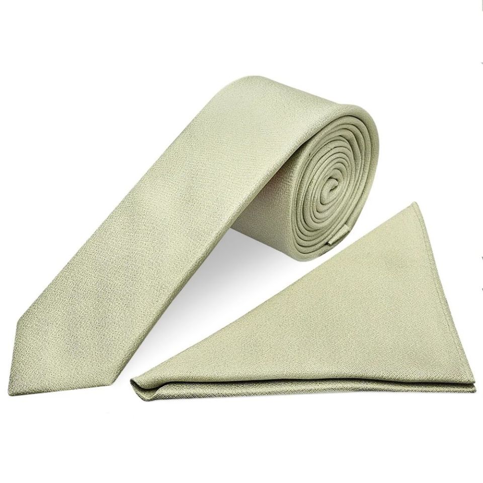Plain Sage Green Silk Skinny Boys Tie and Pocket Square Set