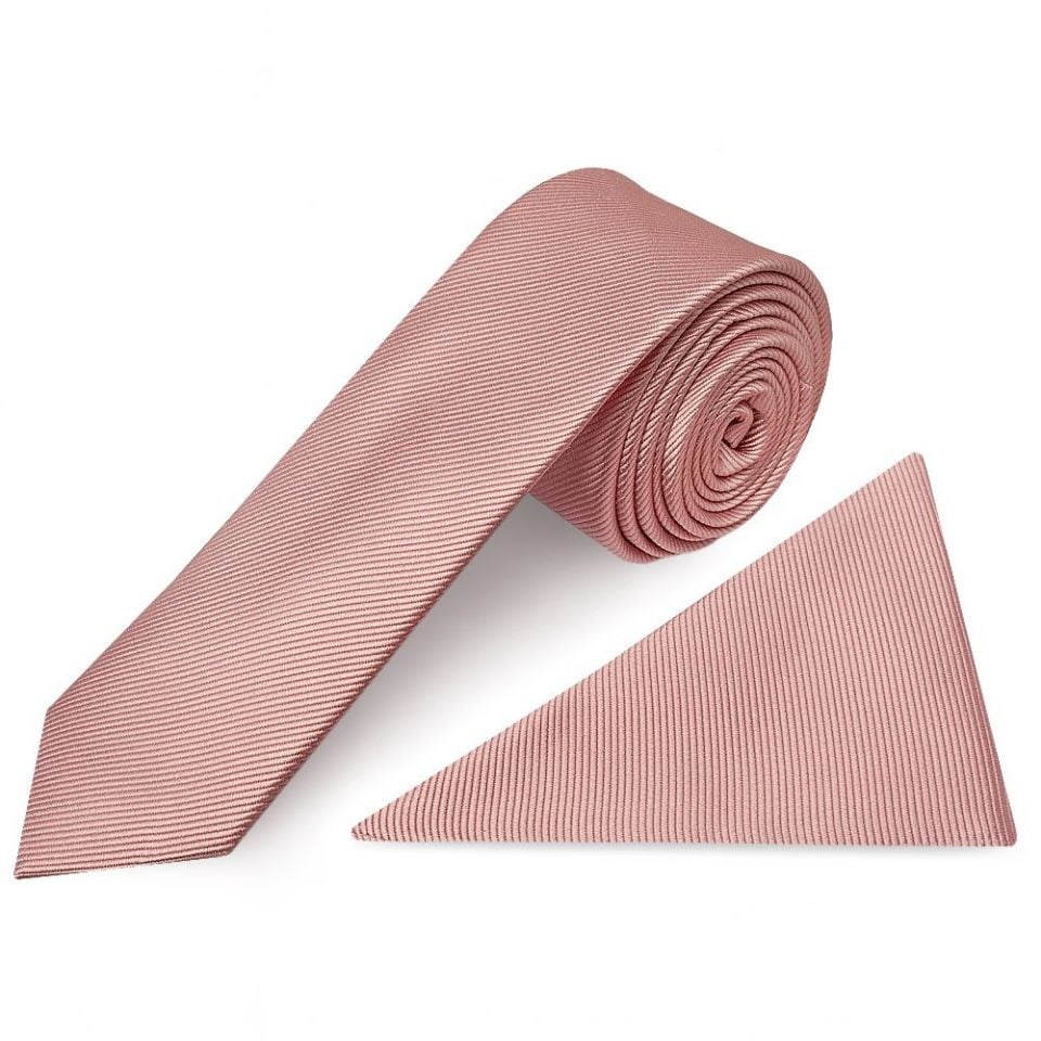 Dusty Rose Silk Twill Skinny Mens Tie and Pocket Square Set