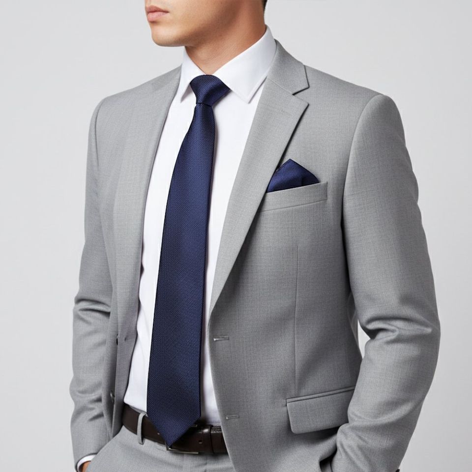 French Navy Silk Twill Classic Mens Tie and Pocket Square Set