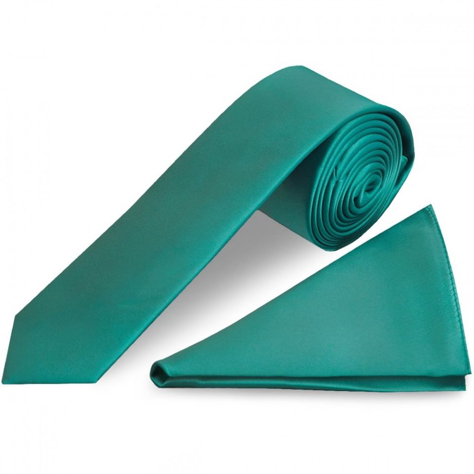 Plain Teal Satin Skinny Boys Tie and Pocket Square Set