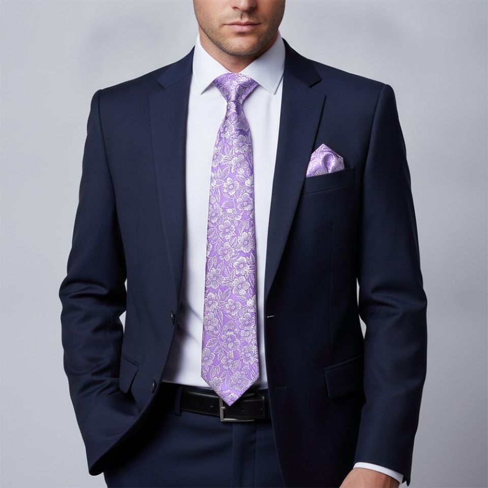Mens Lavender Floral Silk Classic Tie and Pocket Square