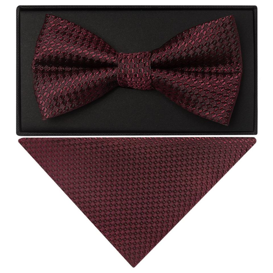 Burgundy Textured Mens Bow Tie and Pocket Square Set