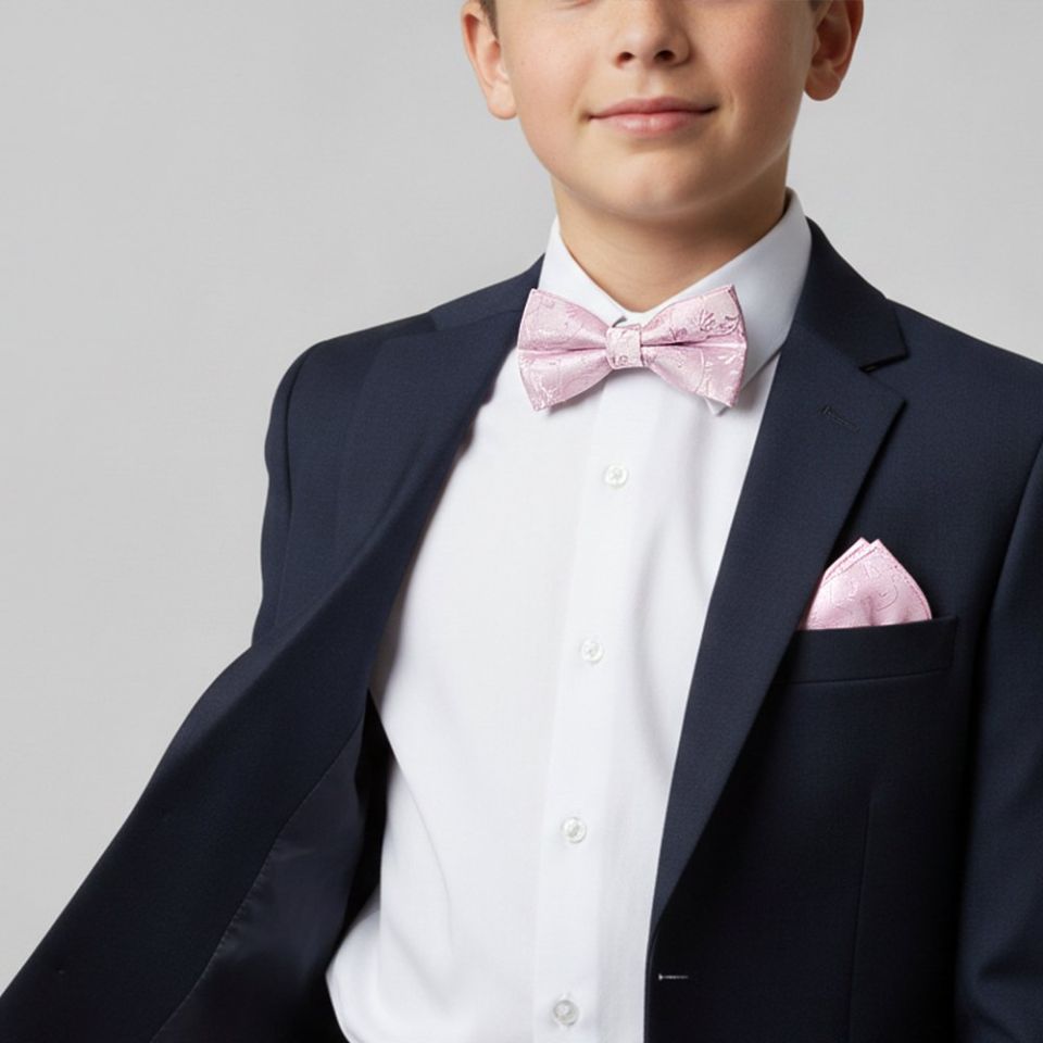 Pre Tied Light Dusty Pink Floral Boys Bow Tie and Pocket Square