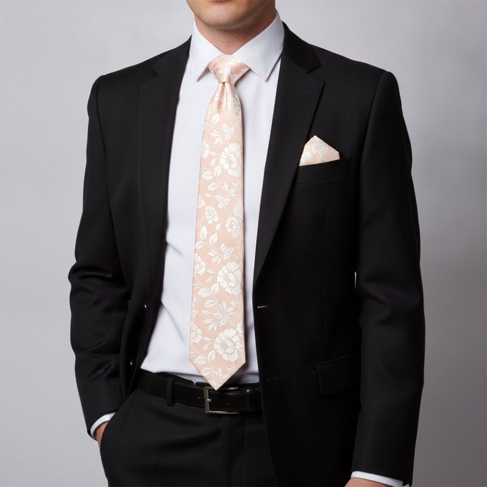 Pink with White Floral Silk Classic Tie and Pocket Square