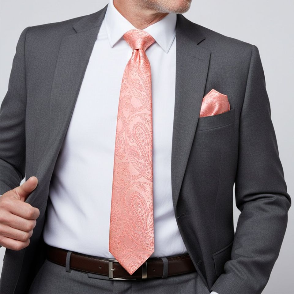 Light Pink Paisley Classic Men's Tie Pocket Square Set