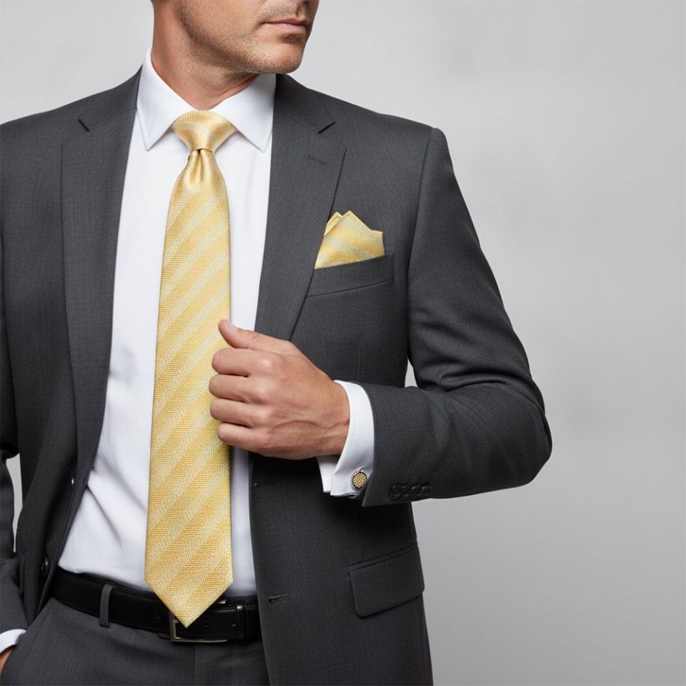 Gold Textured Stripe Mens Silk Classic Tie Pocket Square and Cufflinks Box Set