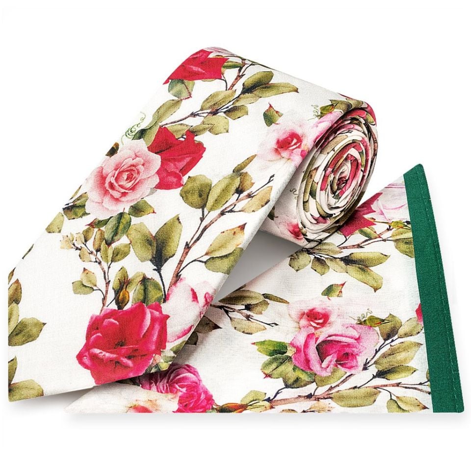 White Cotton with Green Leaves and Rose Pattern Classic Tie and Pocket Square Set