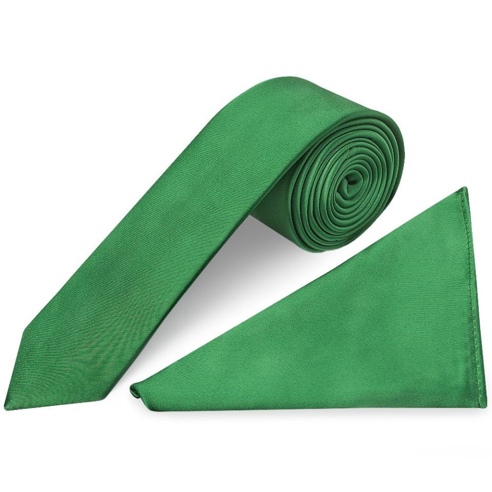 Plain Emerald Green Satin Boys Tie and Pocket Square Set