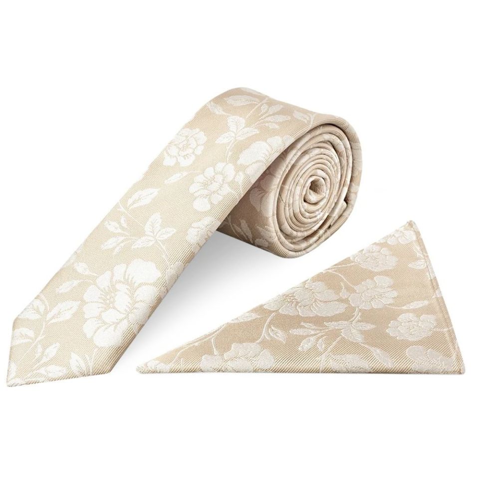 Champagne with White Floral Silk Skinny Tie and Pocket Square Set