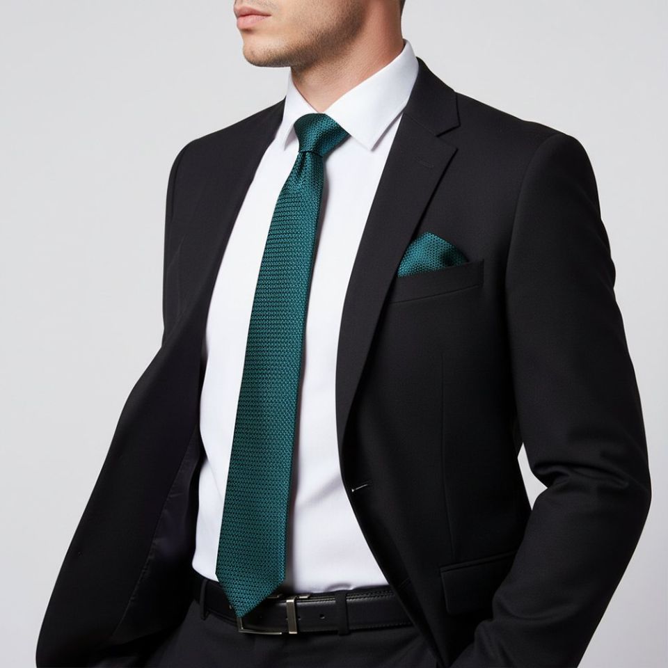 Teal Textured Classic Tie and Pocket Square Set