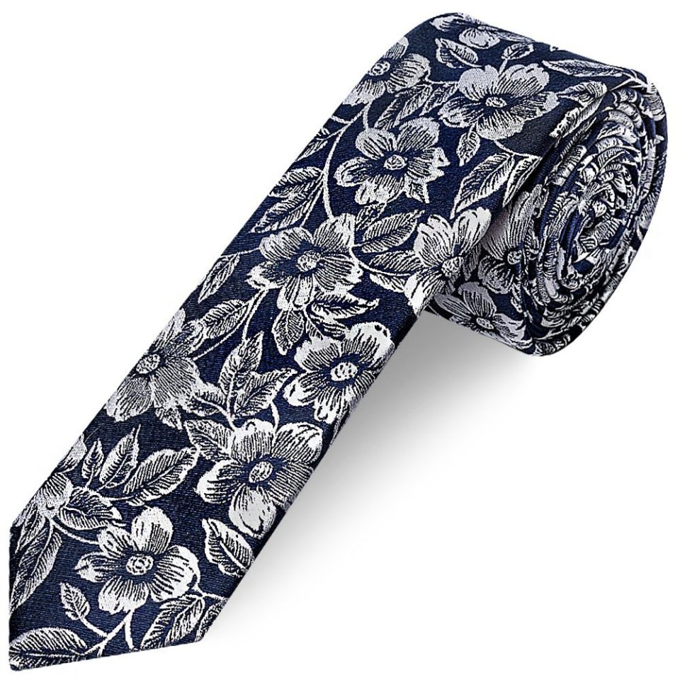 Mens Navy Floral Silk Skinny Tie and Pocket Square