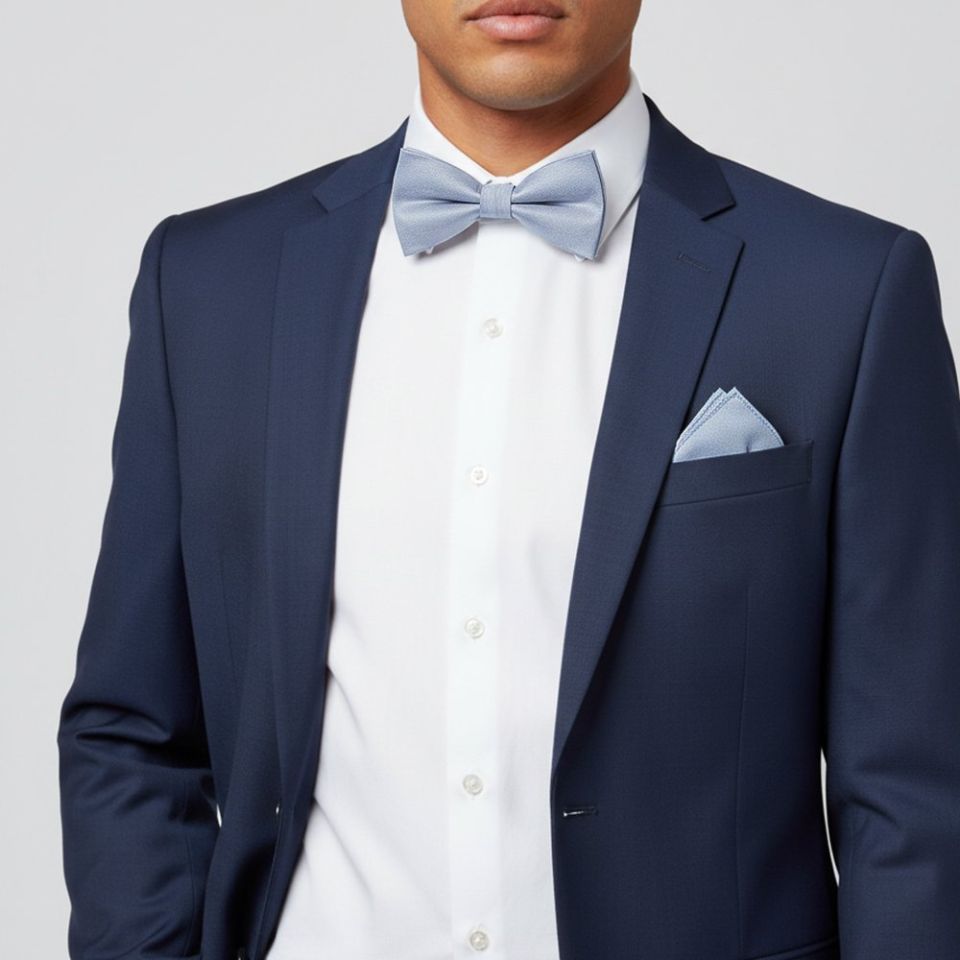 Mens Plain Dusty Blue Silk Bow Tie and Pocket Square Set