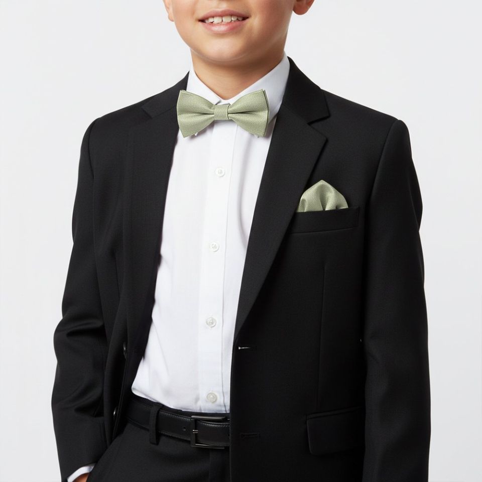 Boys Pre Tied Khaki Green Silk Bow Tie and Pocket Square Set Age 8-11