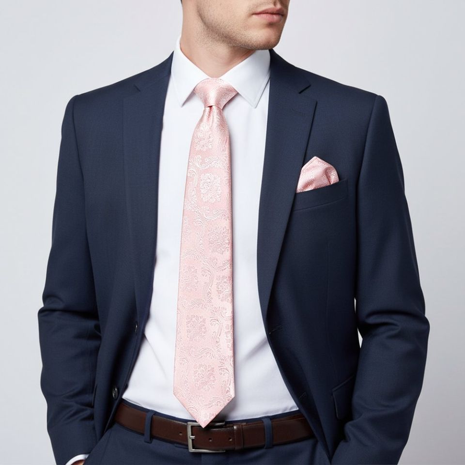 Blush Pink Paisley Classic Men's Tie and Pocket Square Set