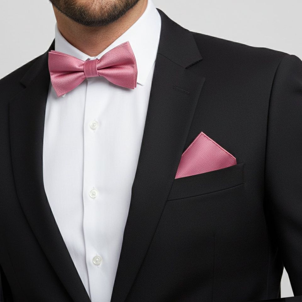 Mens Plain Dusty Pink Silk Bow Tie and Pocket Square Set