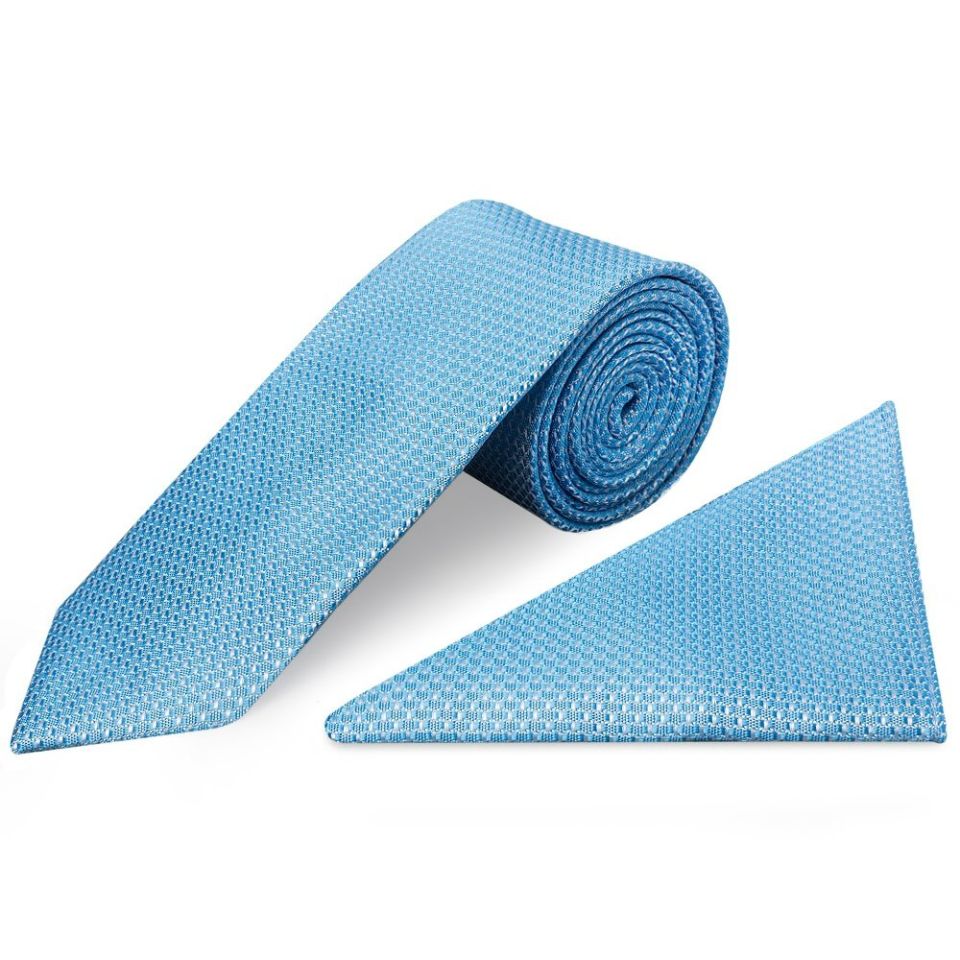 Blue Textured Classic Tie and Pocket Square Set