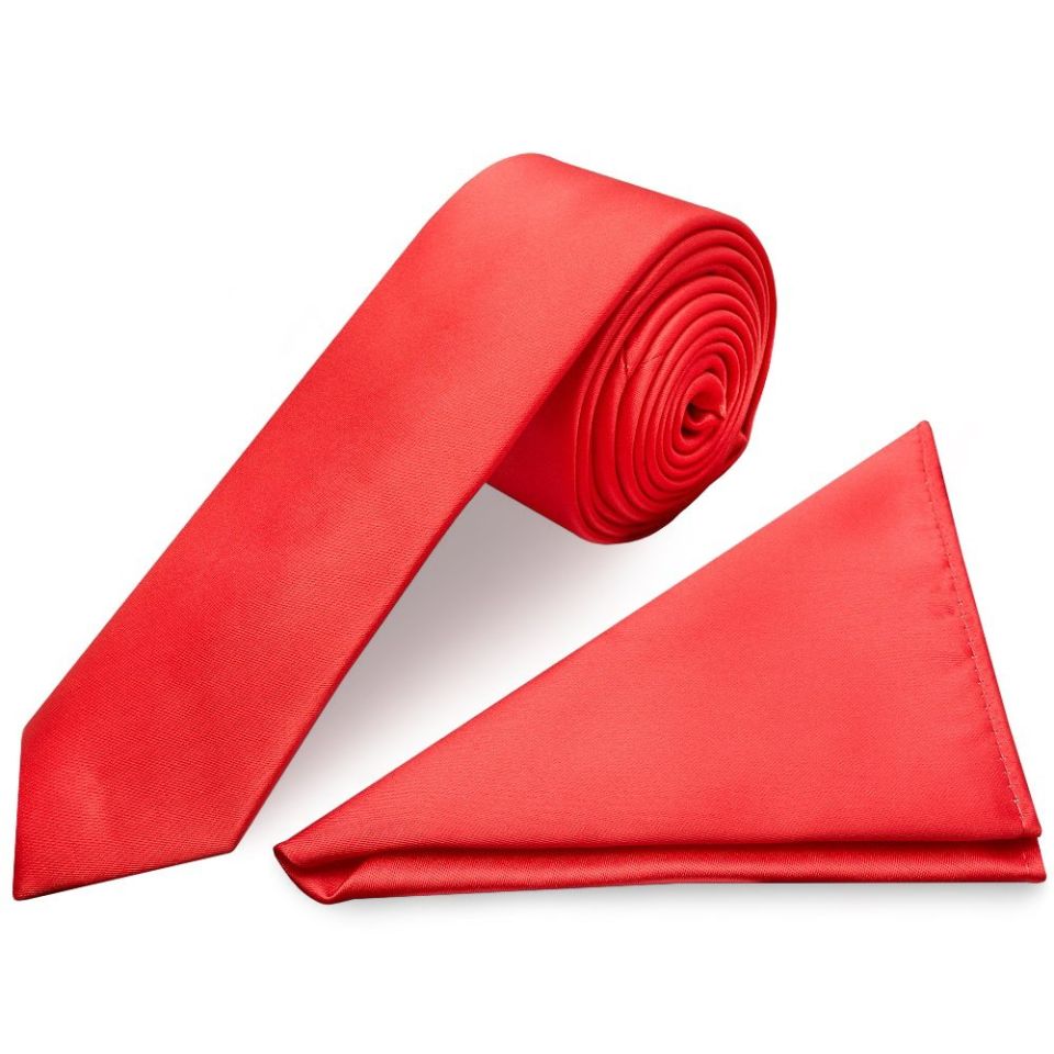 Plain Coral Pink Satin Boys Tie and Pocket Square Set
