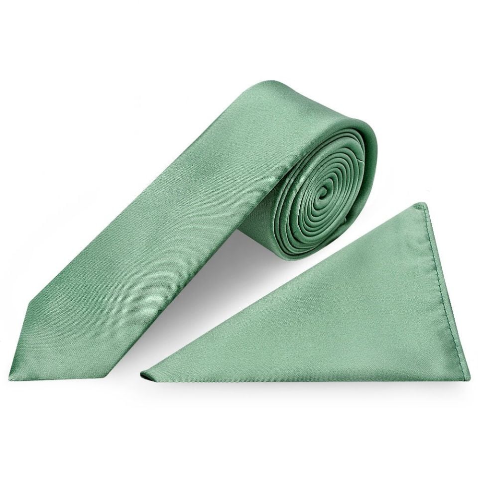 Plain Seagrass Satin Skinny Mens Tie and Pocket Square Set