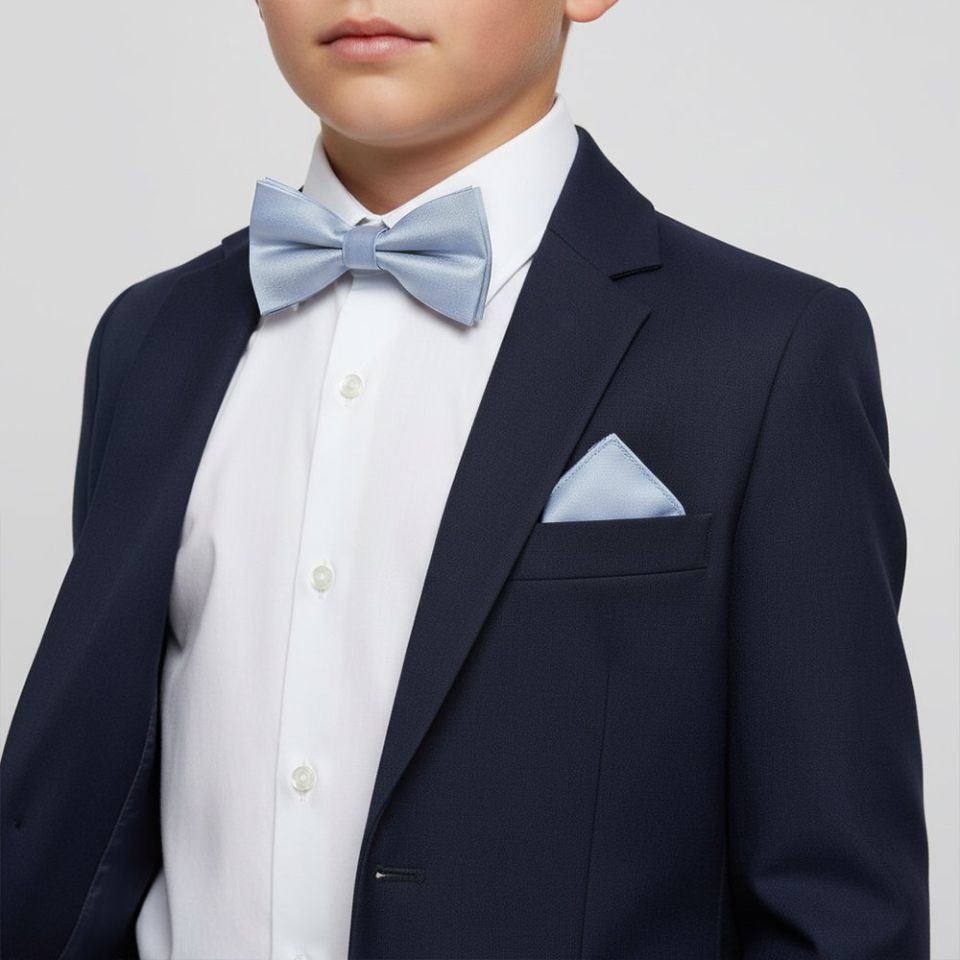 Pre Tied Dusty Blue Silk Boys Bow Tie and Pocket Square Set Age 8-11