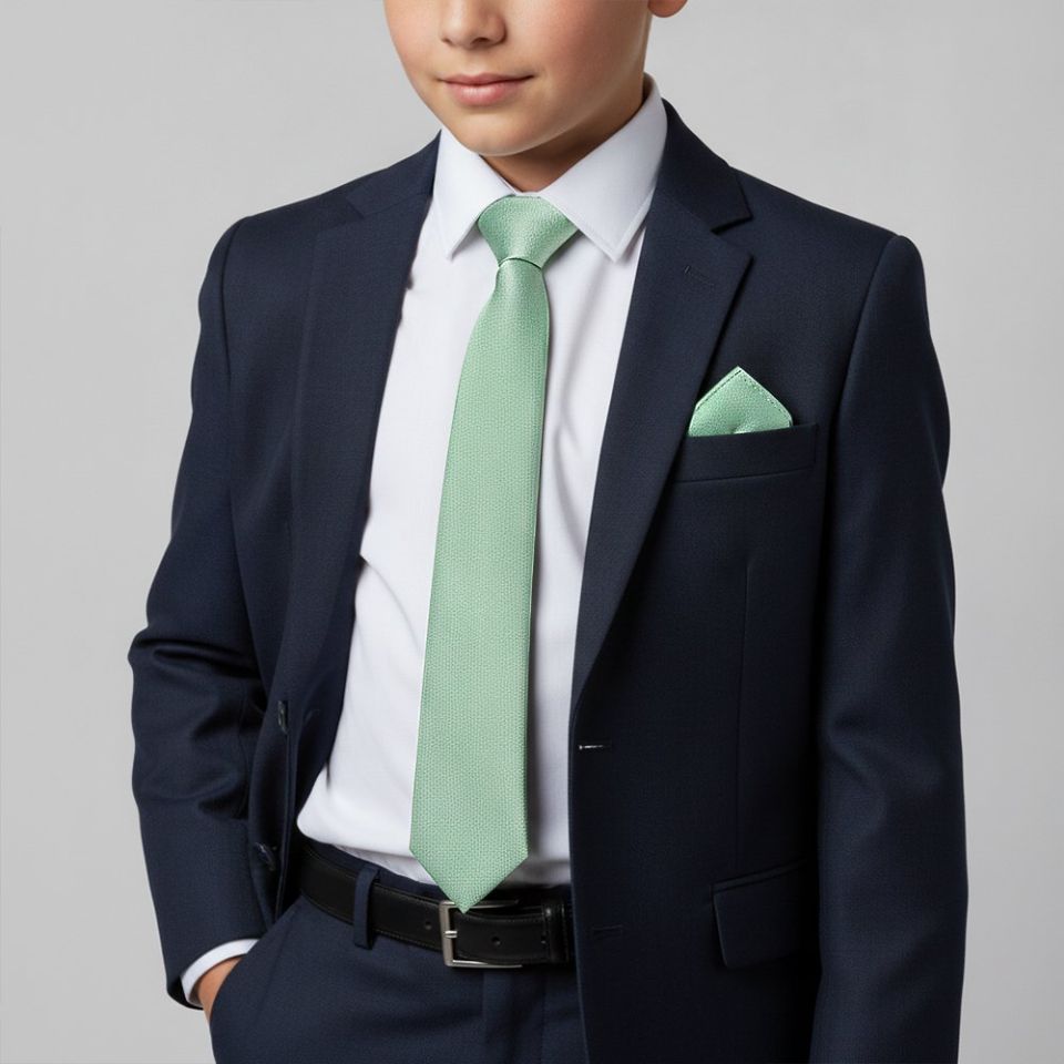 Plain Sea Grass Silk Skinny Boys Tie and Pocket Square Set