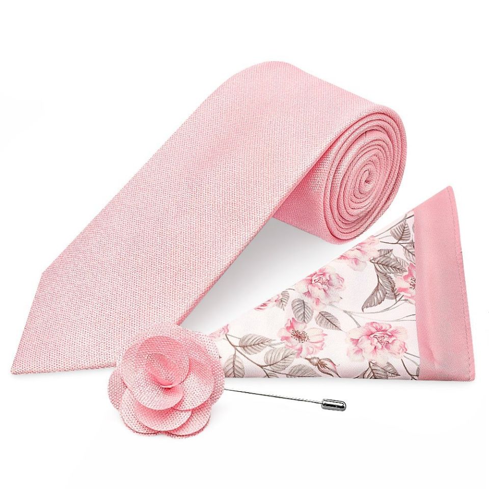 Classic Pink Mens Tie with Pocket Square and Lapel Pin Set