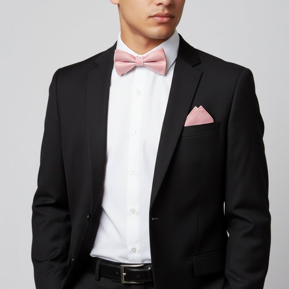 Mens Plain Dusty Rose Silk Bow Tie and Pocket Square Set