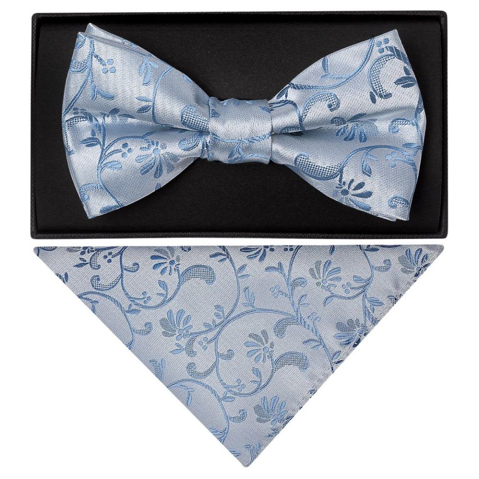 Dusty Blue Floral Handmade Mens Bow Tie and Pocket Square Set
