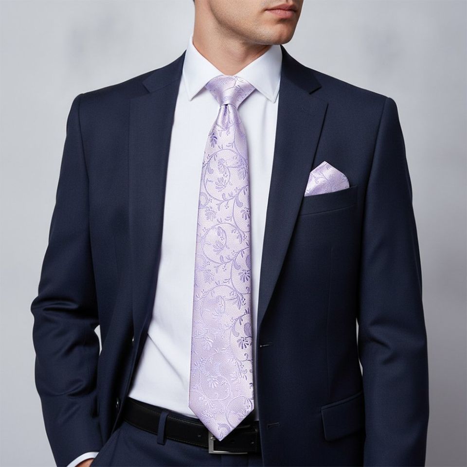 Lavender Floral Classic Men's Tie and Pocket Square Set