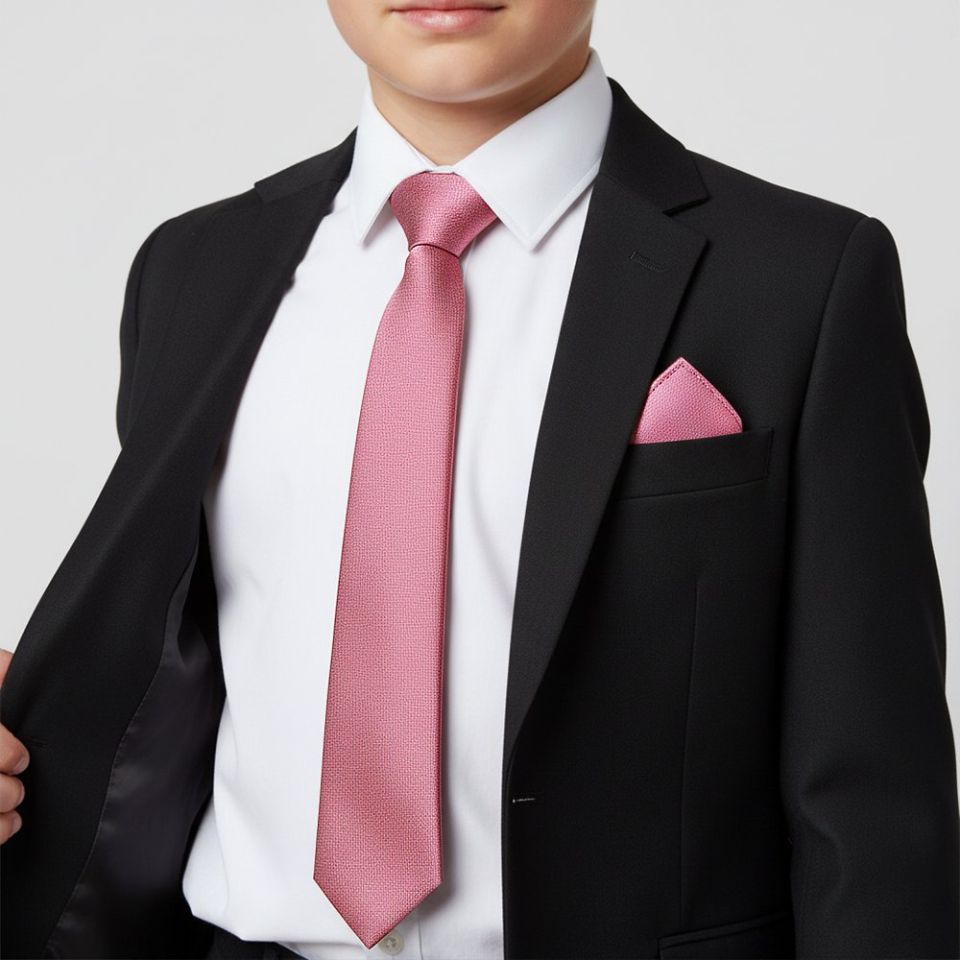 Plain Dusty Pink Silk Skinny Boys Tie and Pocket Square Set