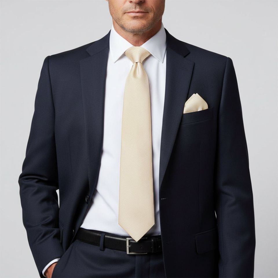 Plain Champagne Silk Classic Men's Tie and Pocket Square Set