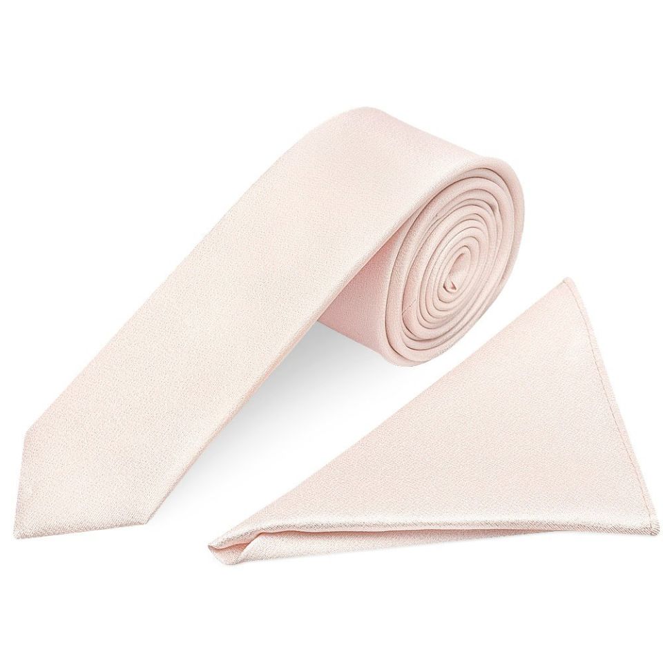 Plain Blush Silk Skinny Men's Tie and Pocket Square Set