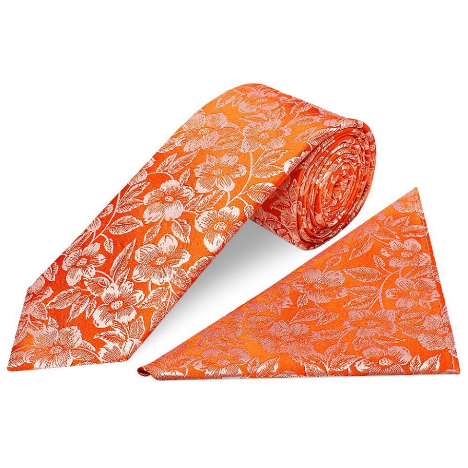 Mens Orange Floral Silk Classic Tie and Pocket Square
