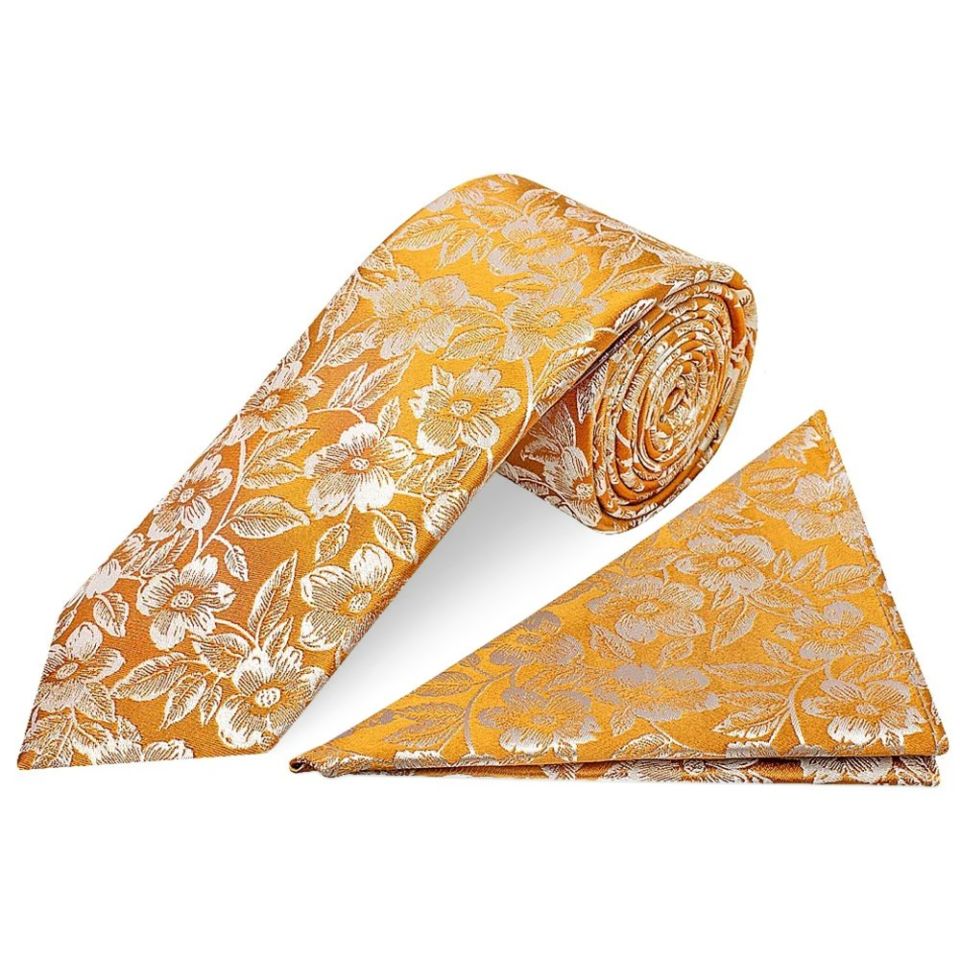 Mens Gold Floral Silk Classic Tie and Pocket Square