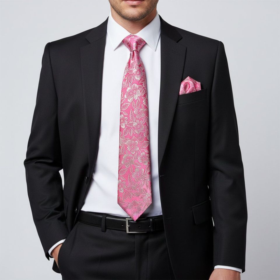 Mens Dusty Pink Floral Silk Classic Tie and Pocket Square