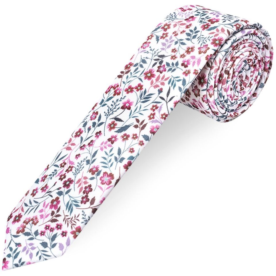 Red Small Floral Mens Skinny Tie and Pocket Square Set