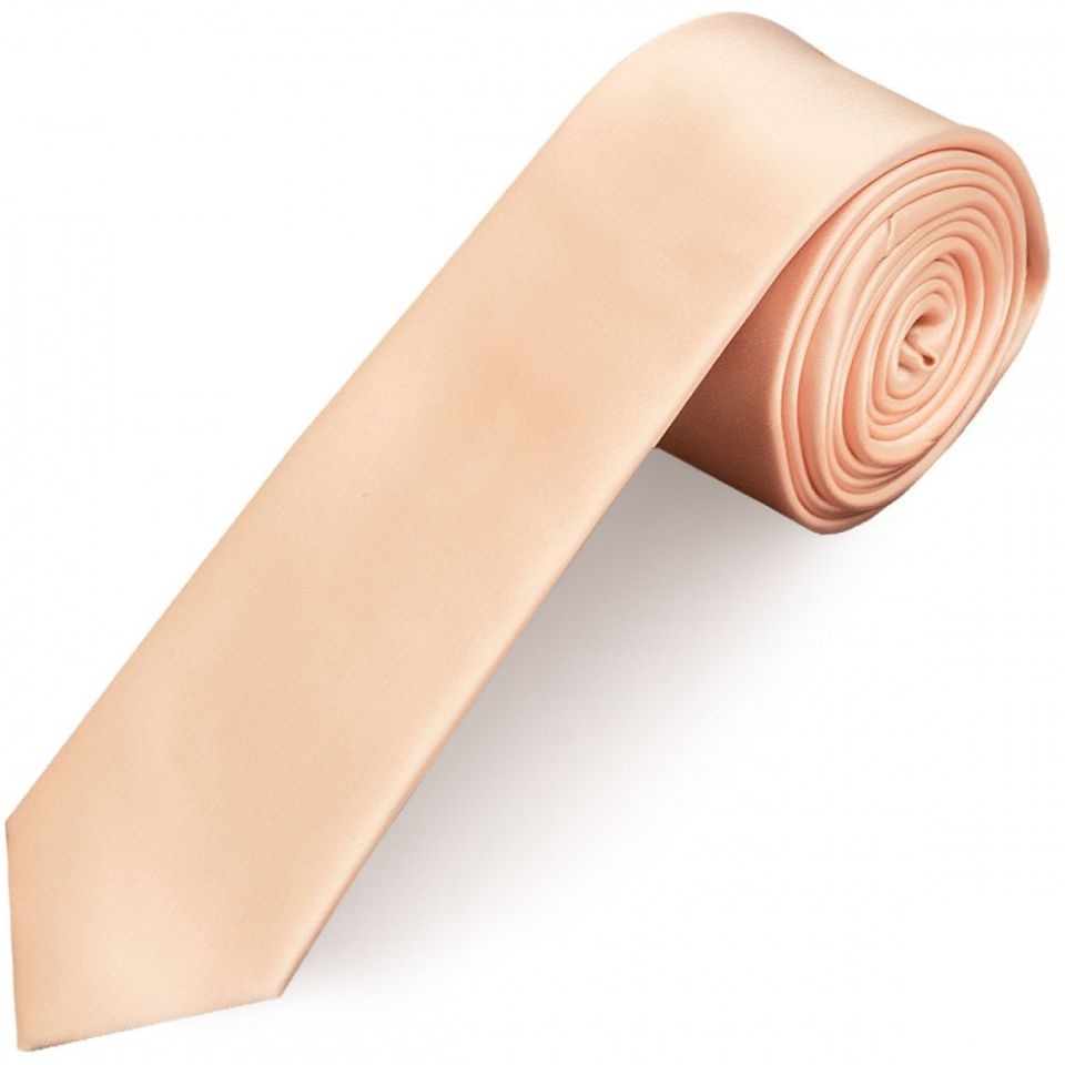 Plain Light Peach Satin Skinny Men's Tie and Pocket Square Set